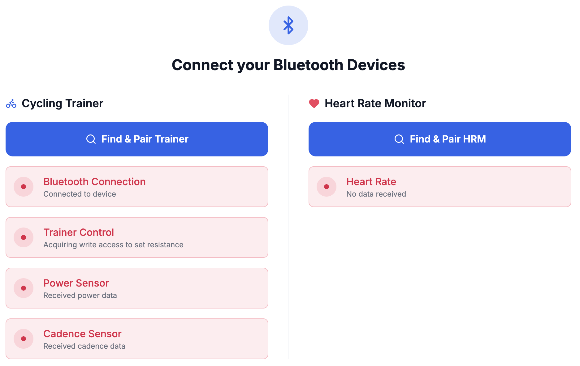 PedalOn Bluetooth connection screen